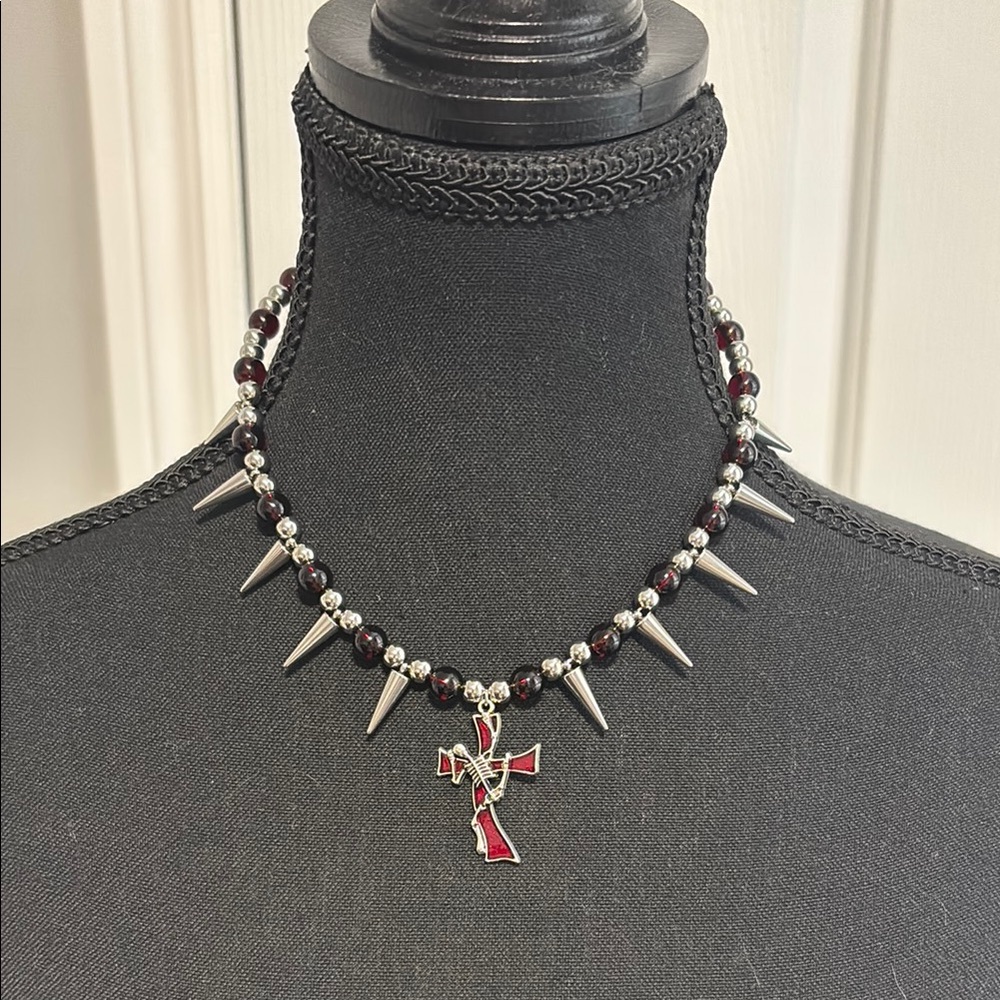 Red and Silver Spike Choker Necklace